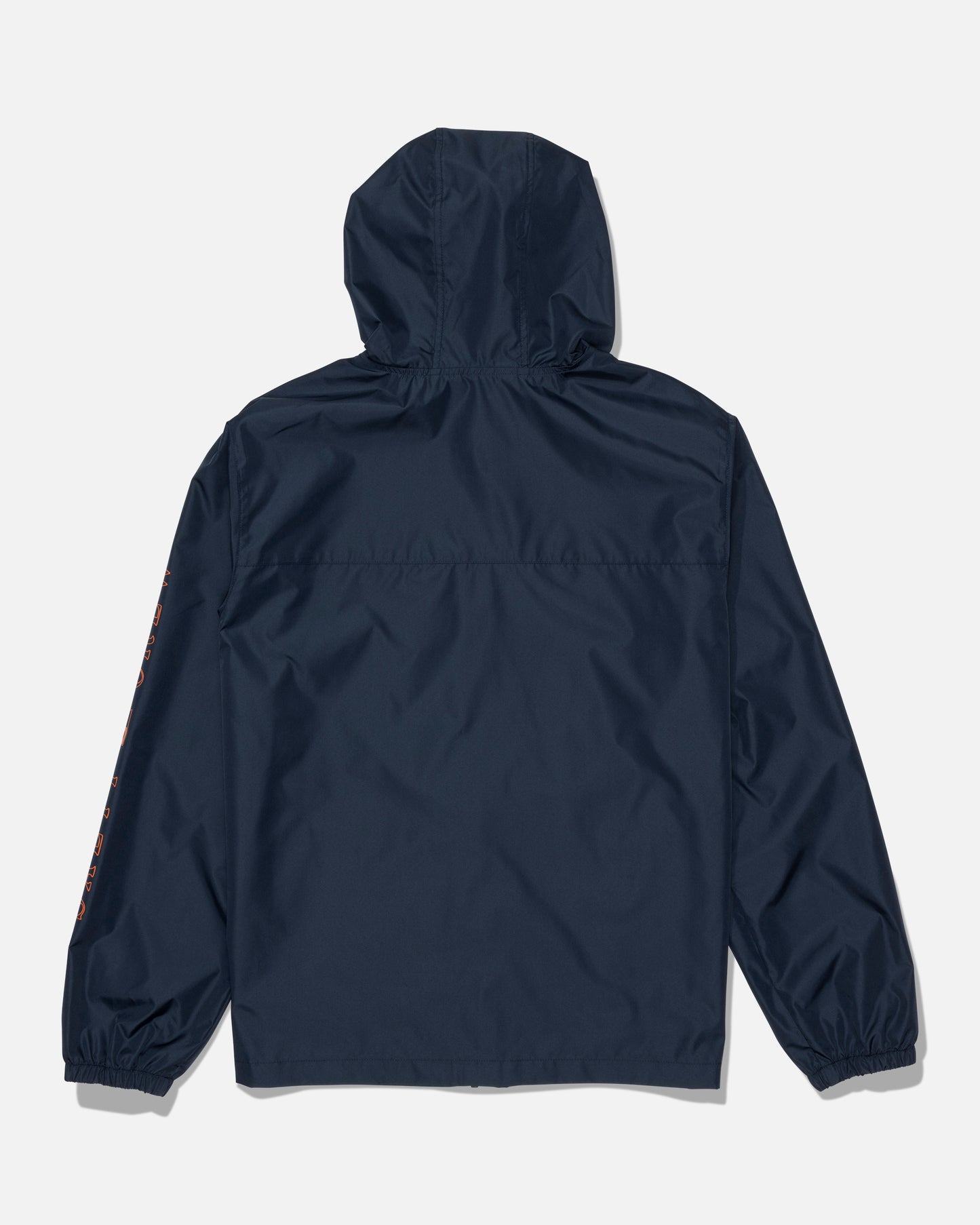 A rear view of the Salty Crew Surface Windbreaker Jacket in navy/orange, showcasing its relaxed fit and elastic cuffs. Made with a hydrophobic polyester shell, this minimalist design features no visible logos or decorations on the back.