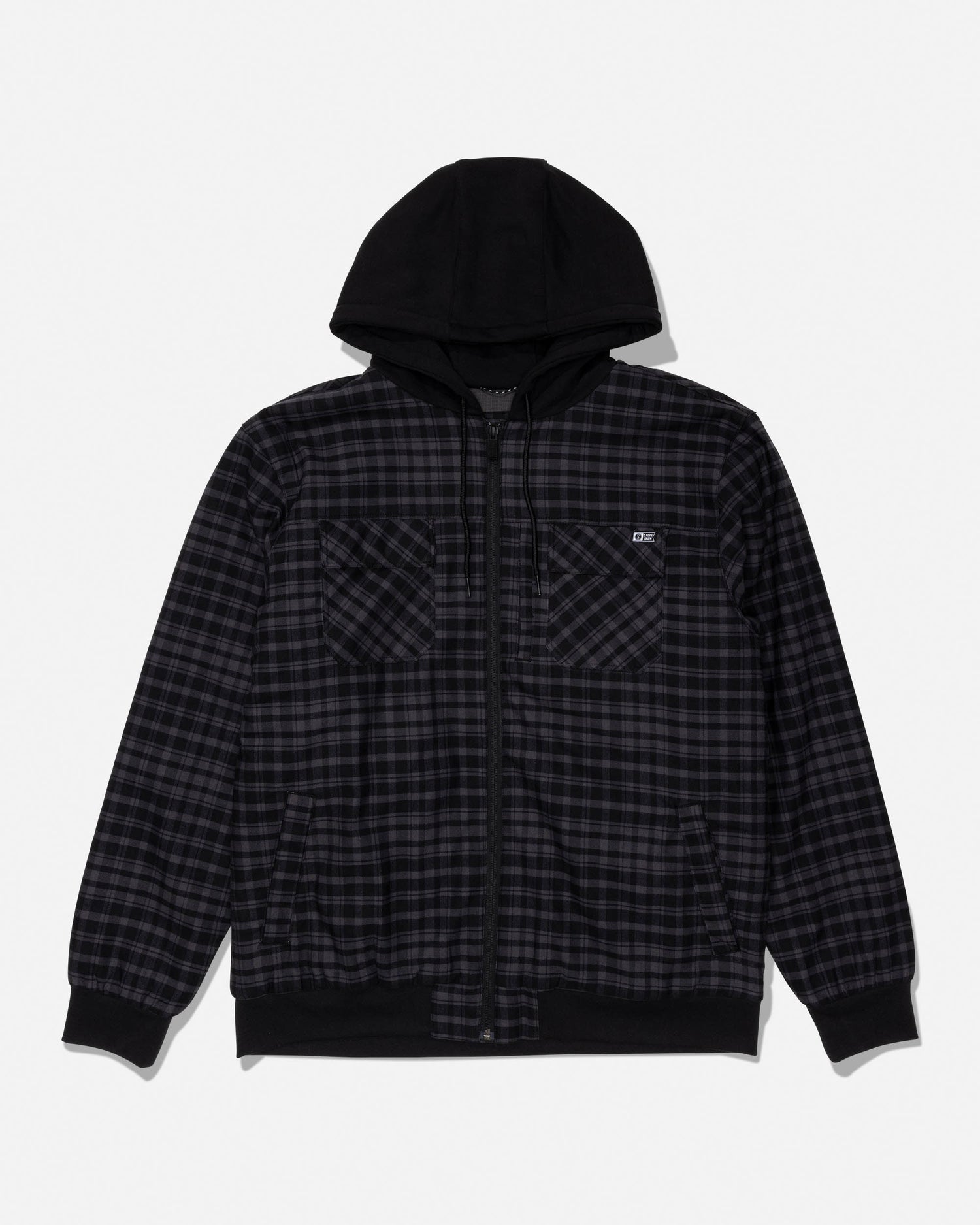 The Salty Crew Fathom Jacket - Pirate Black features a black and gray plaid pattern in mid-weight twill, with a zip-up front, two chest pockets, and two side pockets; shown laid flat against a white background.