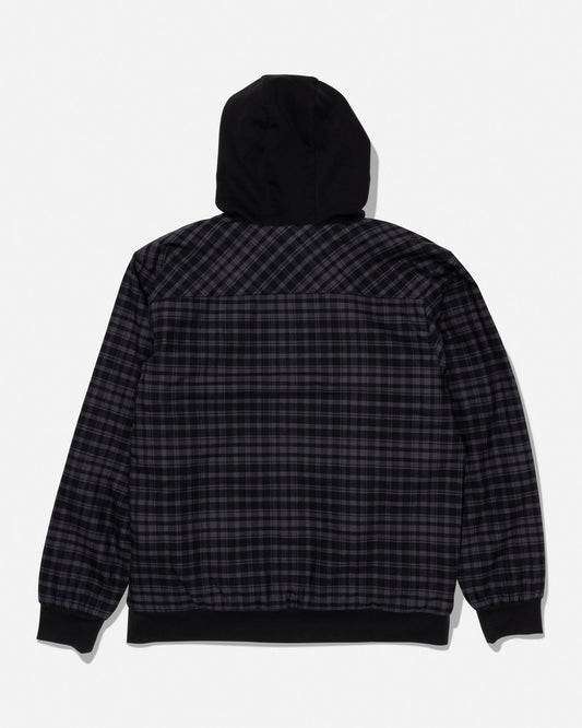 The Salty Crew Fathom Jacket - Pirate Black is a black and gray plaid, mid-weight twill jacket with a solid black hood and black cuffs, displayed from the back against a white background.