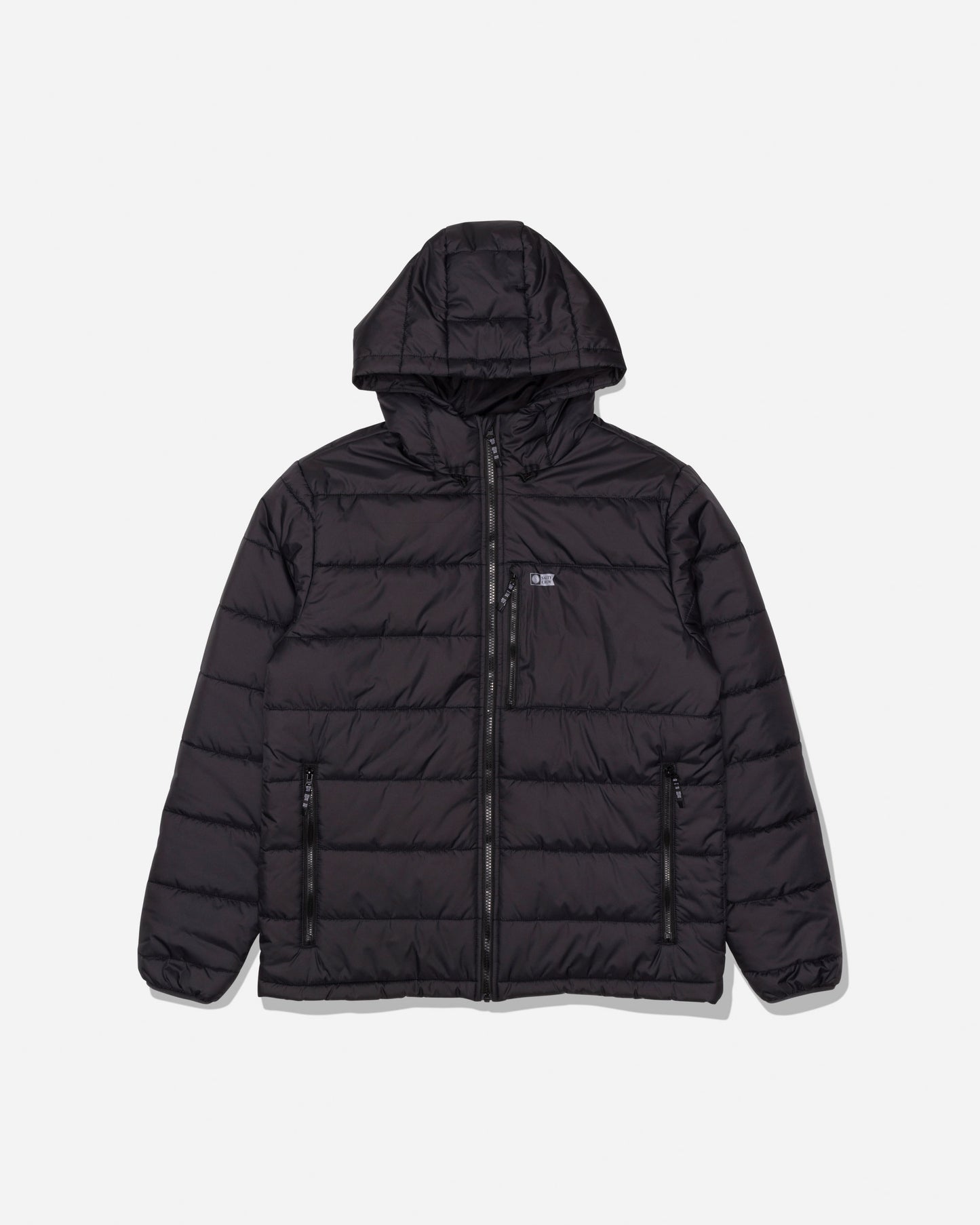 The Salty Crew Barrier Hooded Jacket in Matte Black is displayed laid flat on a white background. This water-resistant puffer features an insulated hood, front zipper, two zippered side pockets, and a zippered chest pocket to ensure warmth and protection in changing weather.