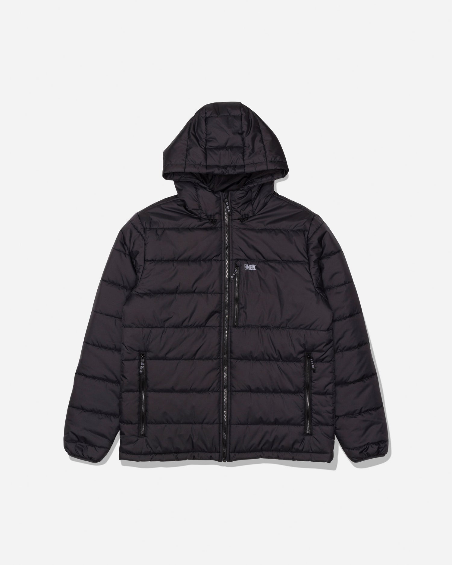 The Salty Crew Barrier Hooded Jacket in Matte Black is displayed laid flat on a white background. This water-resistant puffer features an insulated hood, front zipper, two zippered side pockets, and a zippered chest pocket to ensure warmth and protection in changing weather.