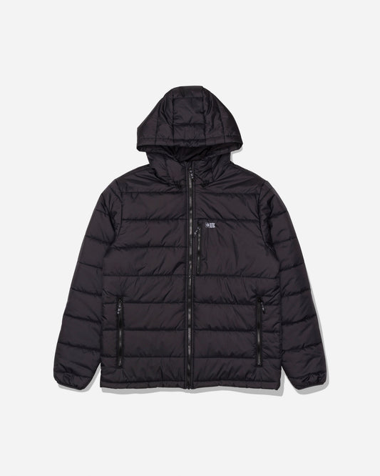 The Salty Crew Barrier Hooded Jacket in Matte Black is displayed laid flat on a white background. This water-resistant puffer features an insulated hood, front zipper, two zippered side pockets, and a zippered chest pocket to ensure warmth and protection in changing weather.