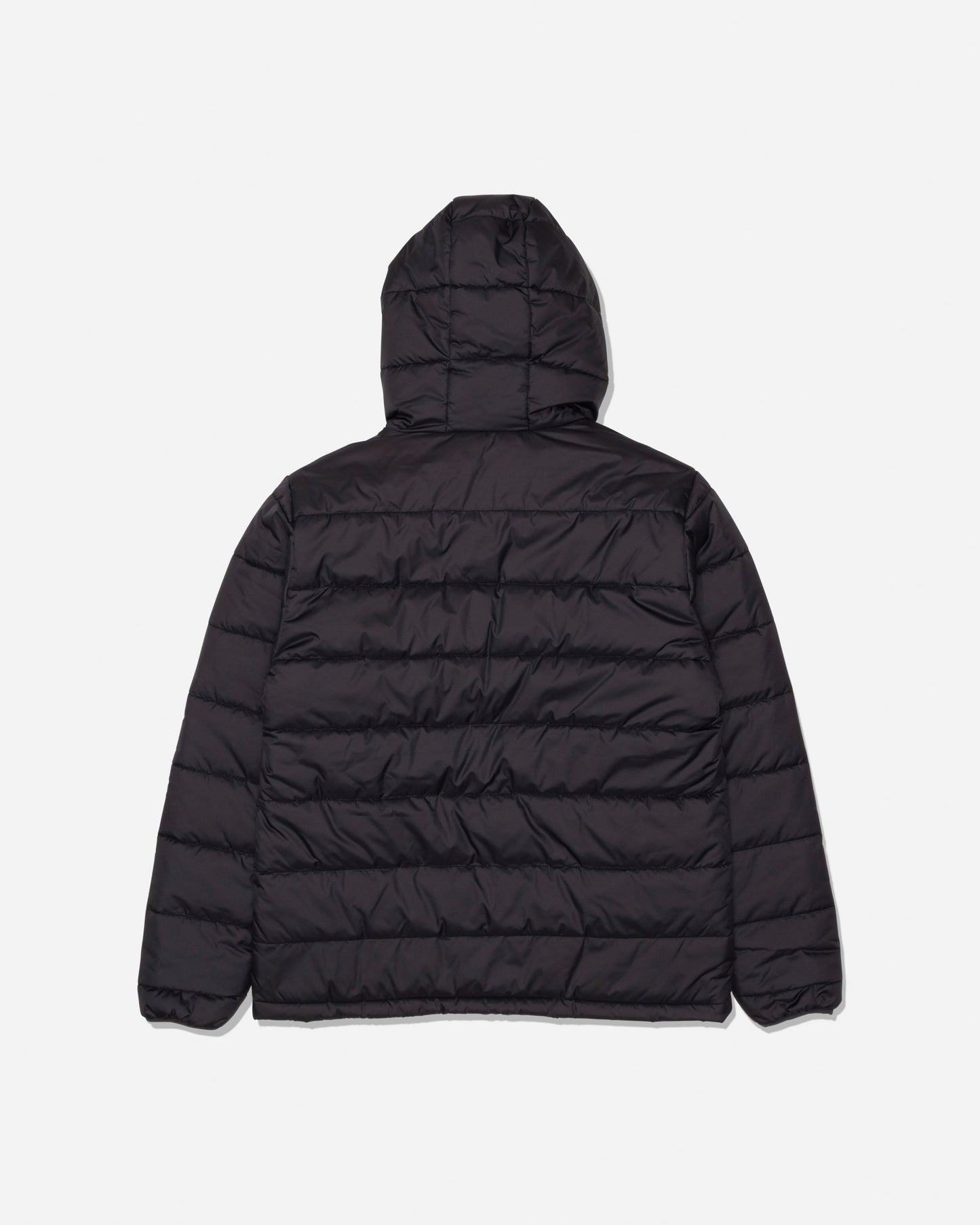 The Salty Crew Barrier Hooded Jacket in Matte Black is pictured from the back on a plain white background. This jacket features horizontal quilting, long sleeves, a water-resistant finish, and an insulated hood.