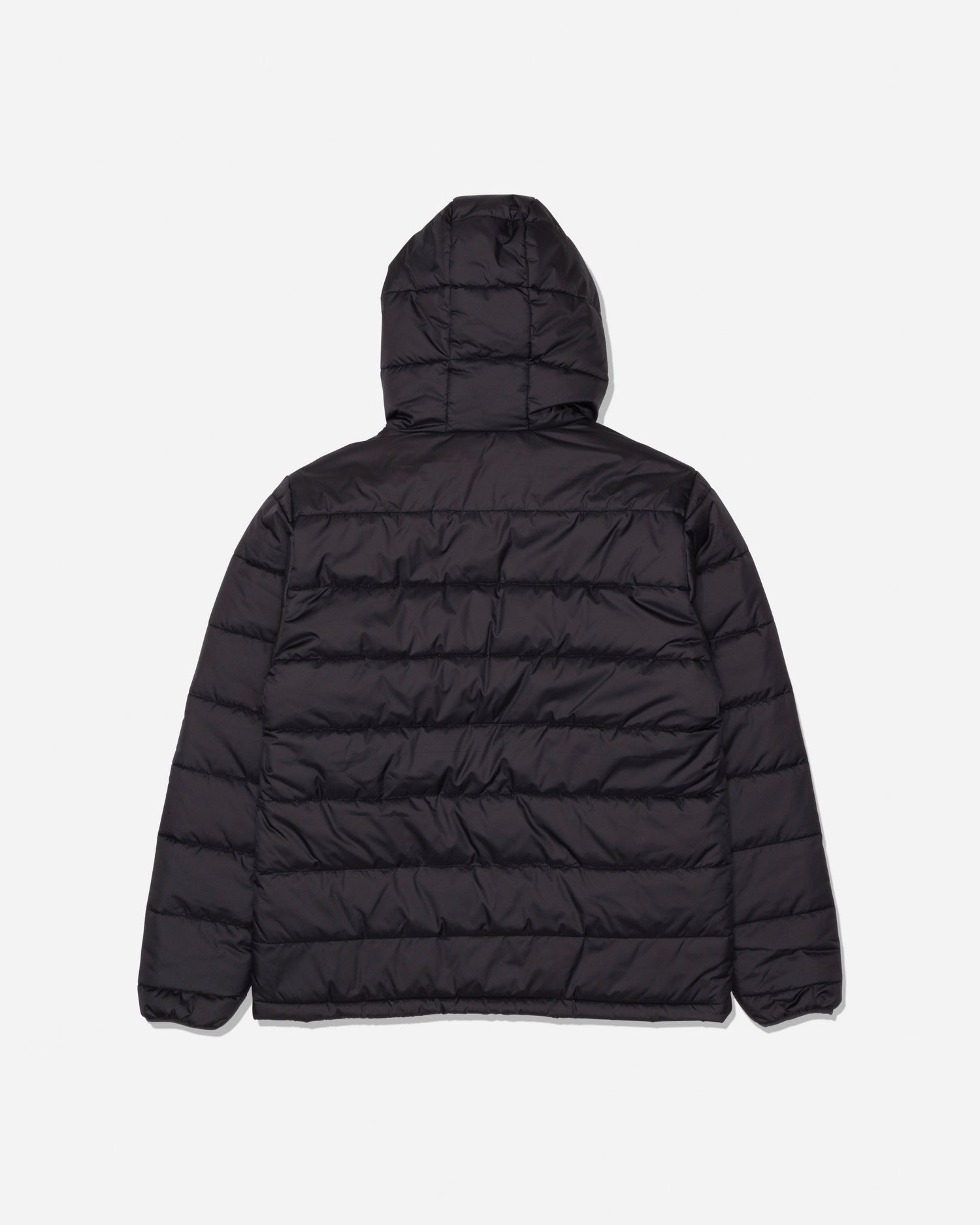 The Salty Crew Barrier Hooded Jacket in Matte Black is pictured from the back on a plain white background. This jacket features horizontal quilting, long sleeves, a water-resistant finish, and an insulated hood.
