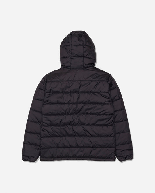 The Salty Crew Barrier Hooded Jacket in Matte Black is pictured from the back on a plain white background. This jacket features horizontal quilting, long sleeves, a water-resistant finish, and an insulated hood.