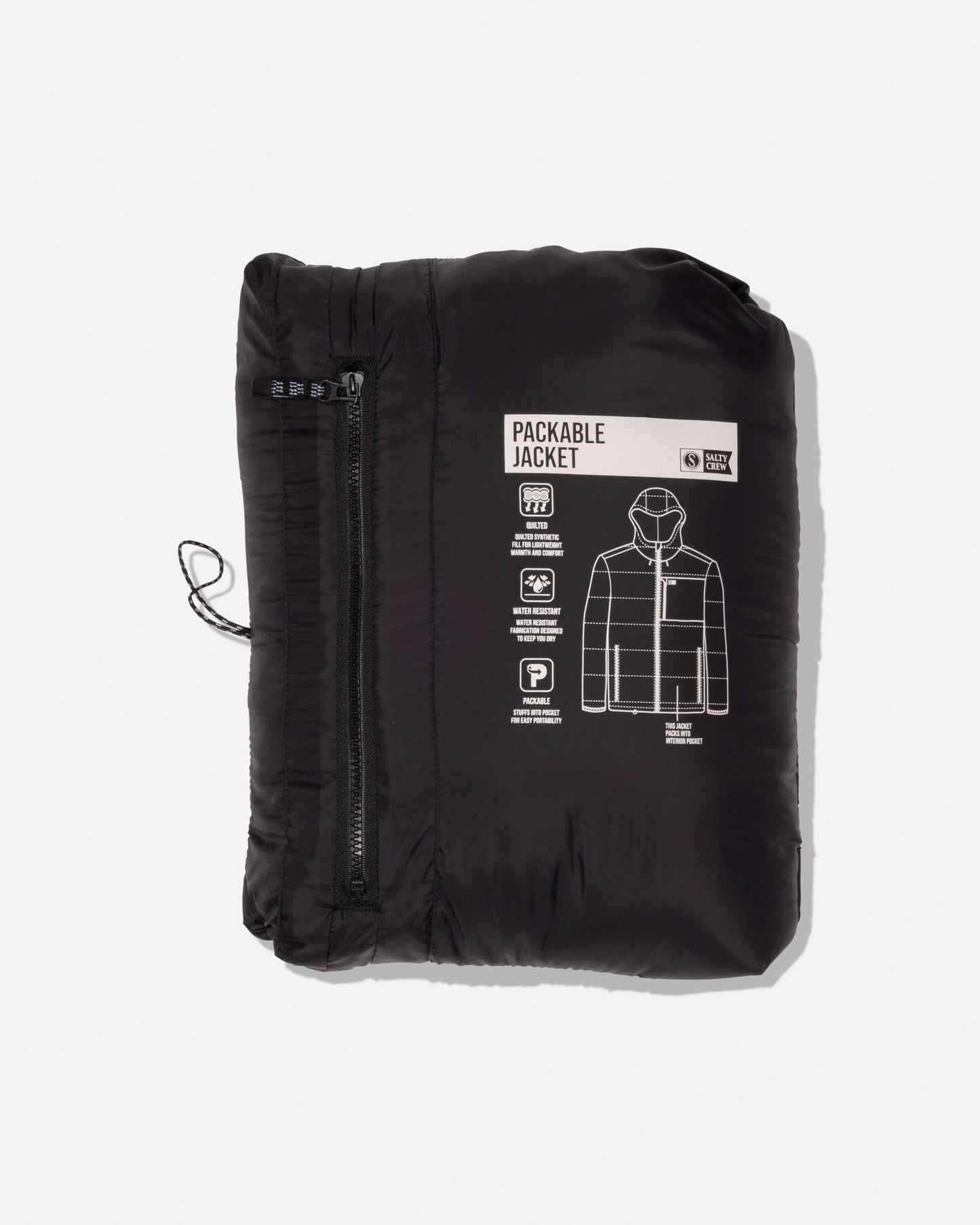 Introducing the Salty Crew Barrier Hooded Jacket in Matte Black—a packable quilted jacket that conveniently folds into its own pouch. This stylish layer features a zipper front and printed icons highlighting its water resistance, insulation, and easy packability, plus an insulated hood for extra warmth.