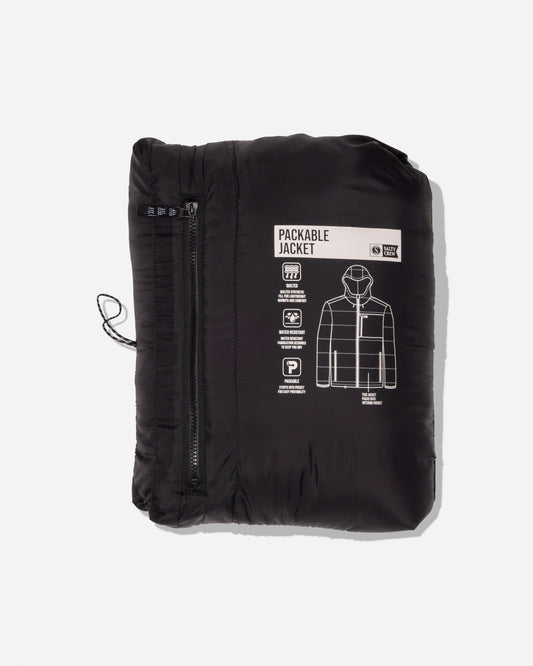 Introducing the Salty Crew Barrier Hooded Jacket in Matte Black—a packable quilted jacket that conveniently folds into its own pouch. This stylish layer features a zipper front and printed icons highlighting its water resistance, insulation, and easy packability, plus an insulated hood for extra warmth.