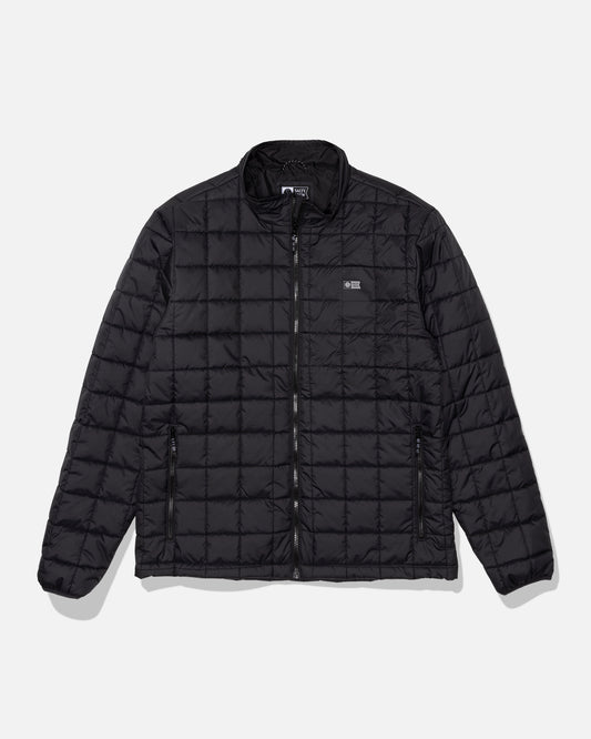 Introducing the Salty Crew Barrier Lite Jacket in black—a lightweight, water-resistant quilted jacket featuring a front zipper, two zippered side pockets, and a subtle chest logo. Designed with synthetic fill for added warmth, this jacket is shown on a white background.