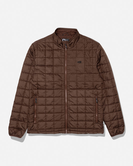 The Salty Crew Barrier Lite Jacket in Deep Brown is a lightweight, quilted piece with synthetic fill, a front zipper closure, two zippered side pockets, and a subtle logo on the left chest, shown laid flat on a white background.