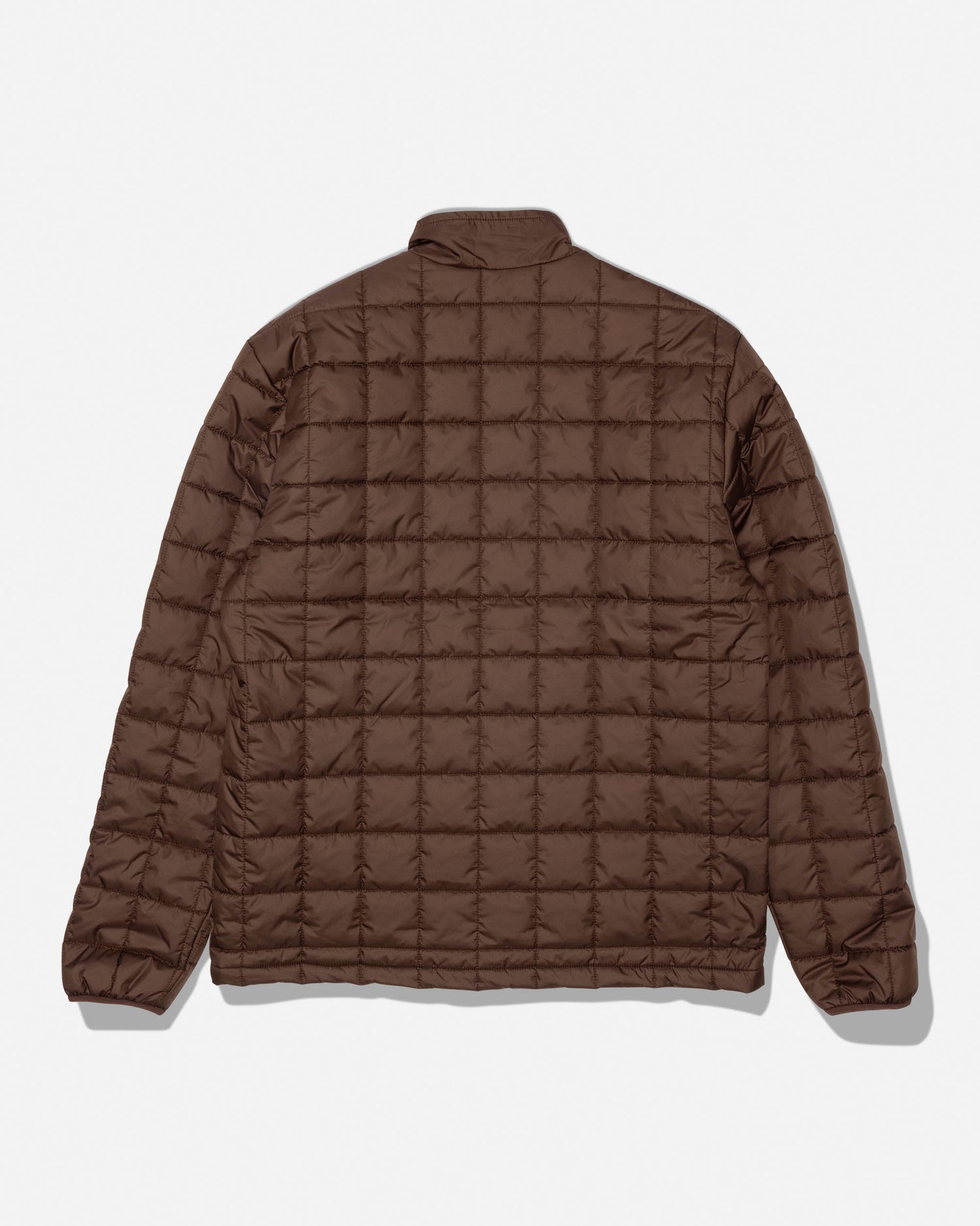 The Salty Crew Barrier Lite Jacket in Deep Brown is displayed from the back, highlighting its grid-patterned, quilted design and long sleeves, laid flat on a white background. This water-resistant jacket features lightweight synthetic fill for enhanced comfort and warmth.