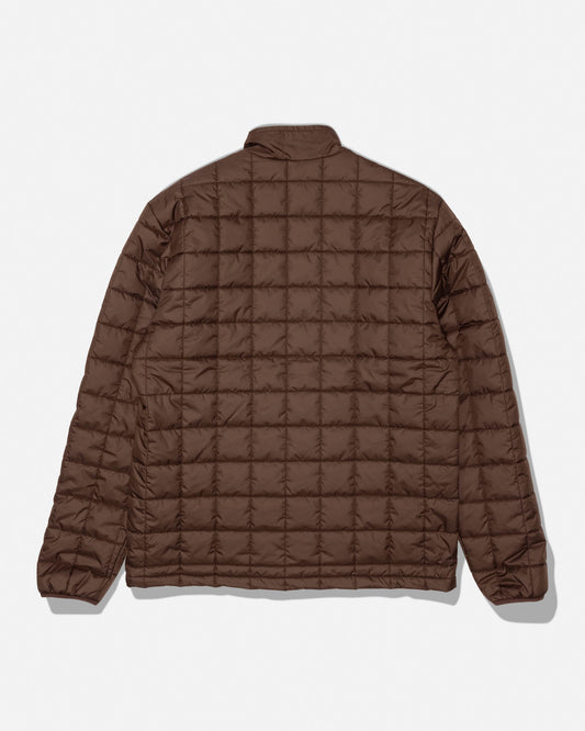 The Salty Crew Barrier Lite Jacket in Deep Brown is displayed from the back, highlighting its grid-patterned, quilted design and long sleeves, laid flat on a white background. This water-resistant jacket features lightweight synthetic fill for enhanced comfort and warmth.