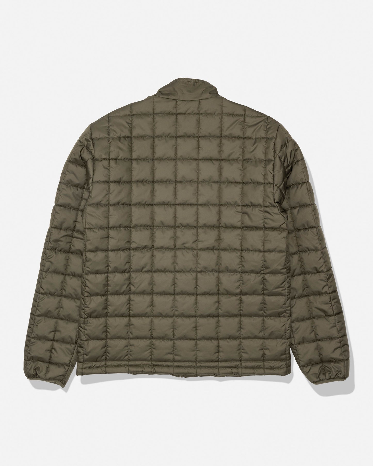 The Barrier Lite Jacket - Washed Leaf by Salty Crew is shown from the back against a white background, highlighting its olive green color, square stitched pattern, and long sleeves. This lightweight synthetic fill jacket provides warmth and contemporary style.