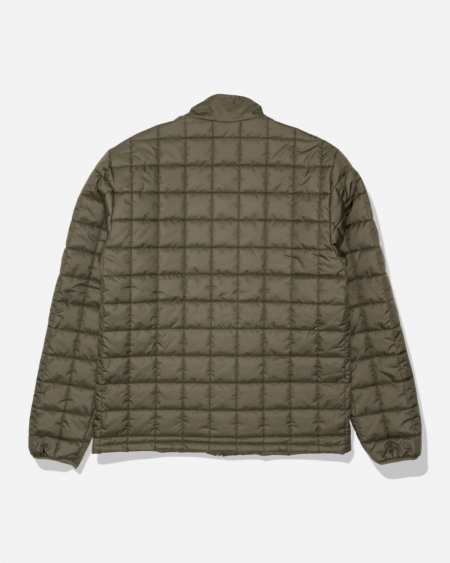 The Barrier Lite Jacket - Washed Leaf by Salty Crew is shown from the back against a white background, highlighting its olive green color, square stitched pattern, and long sleeves. This lightweight synthetic fill jacket provides warmth and contemporary style.