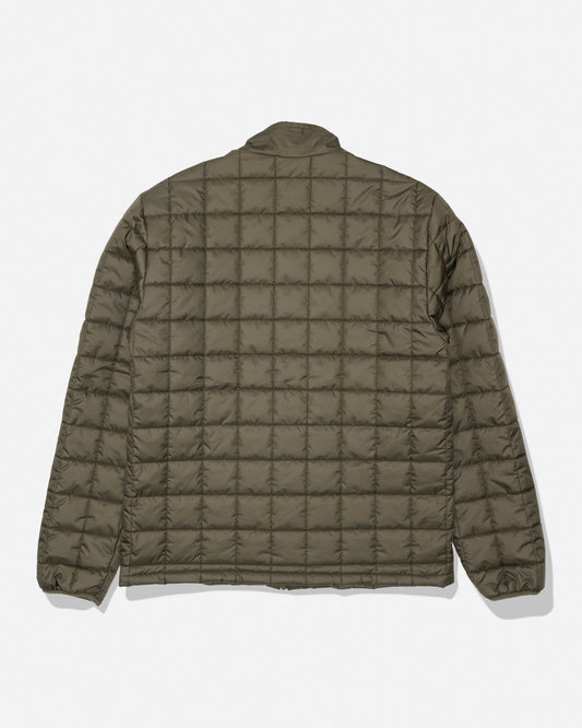 The Barrier Lite Jacket - Washed Leaf by Salty Crew is shown from the back against a white background, highlighting its olive green color, square stitched pattern, and long sleeves. This lightweight synthetic fill jacket provides warmth and contemporary style.