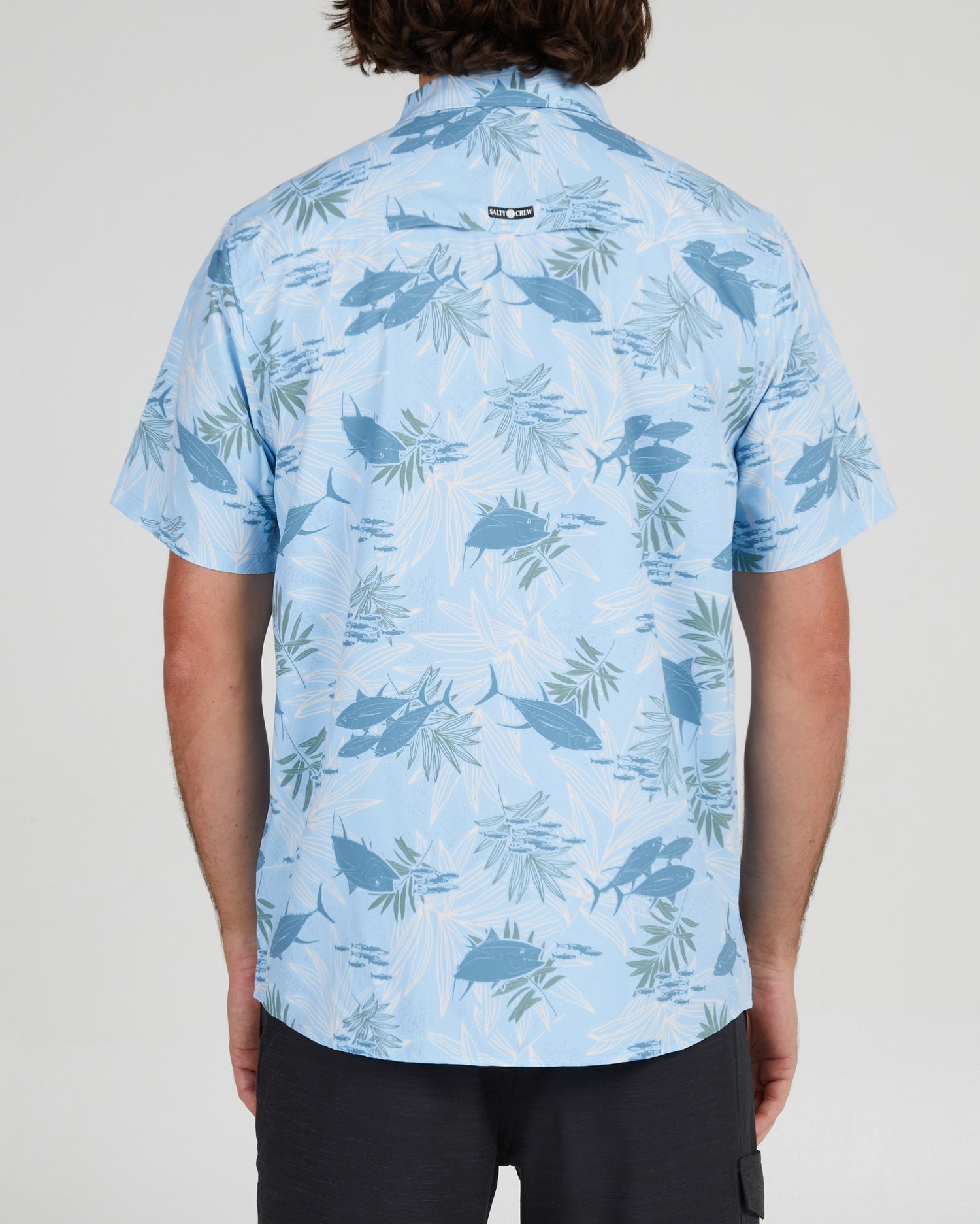 On body back of the Feeding Frenzy Light Blue S/S UV Woven