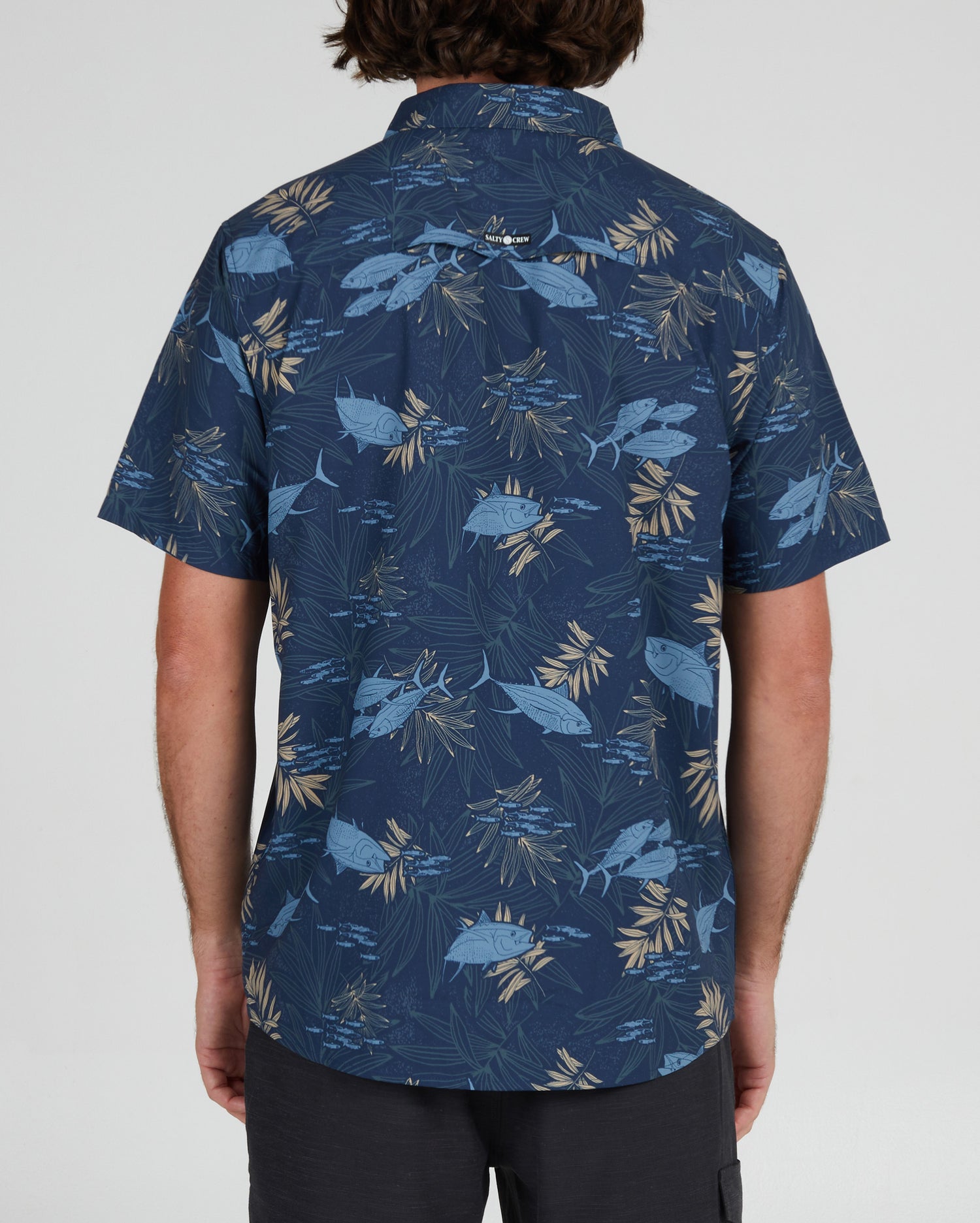 On body back of the Feeding Frenzy Navy S/S UV Woven