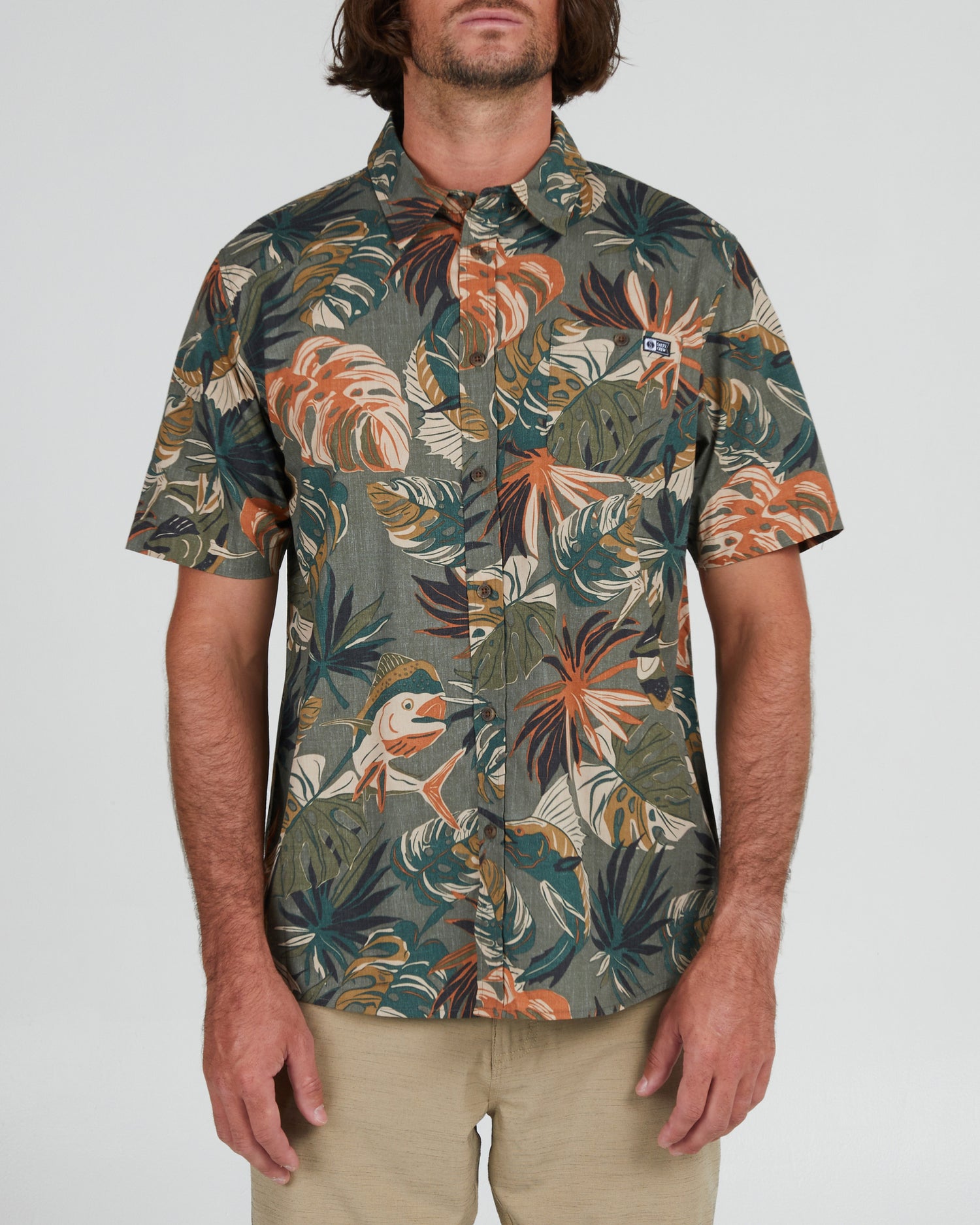 On body front of the Large Kine Olive S/S Woven