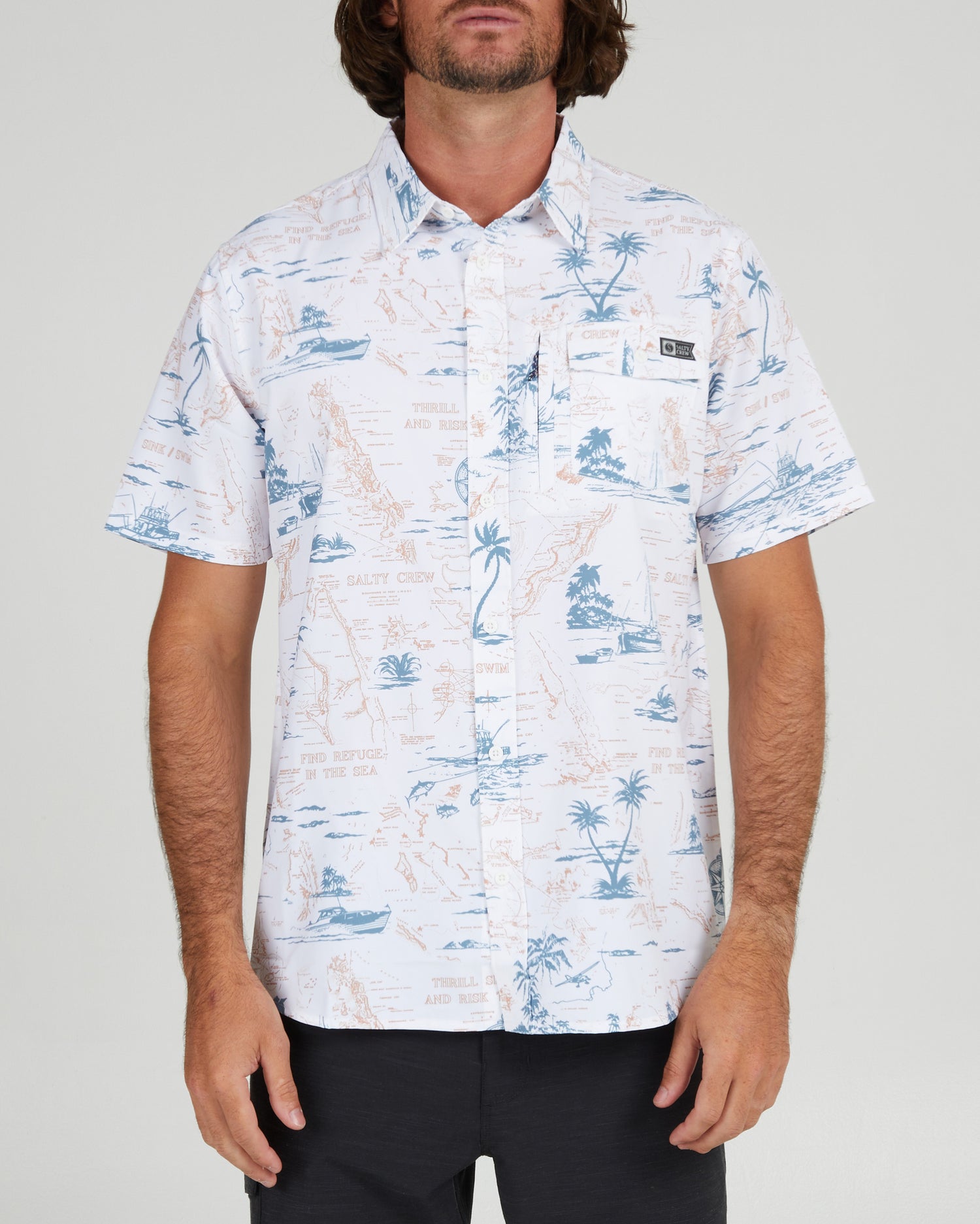 On body front of the Seafarer White S/S Tech Woven