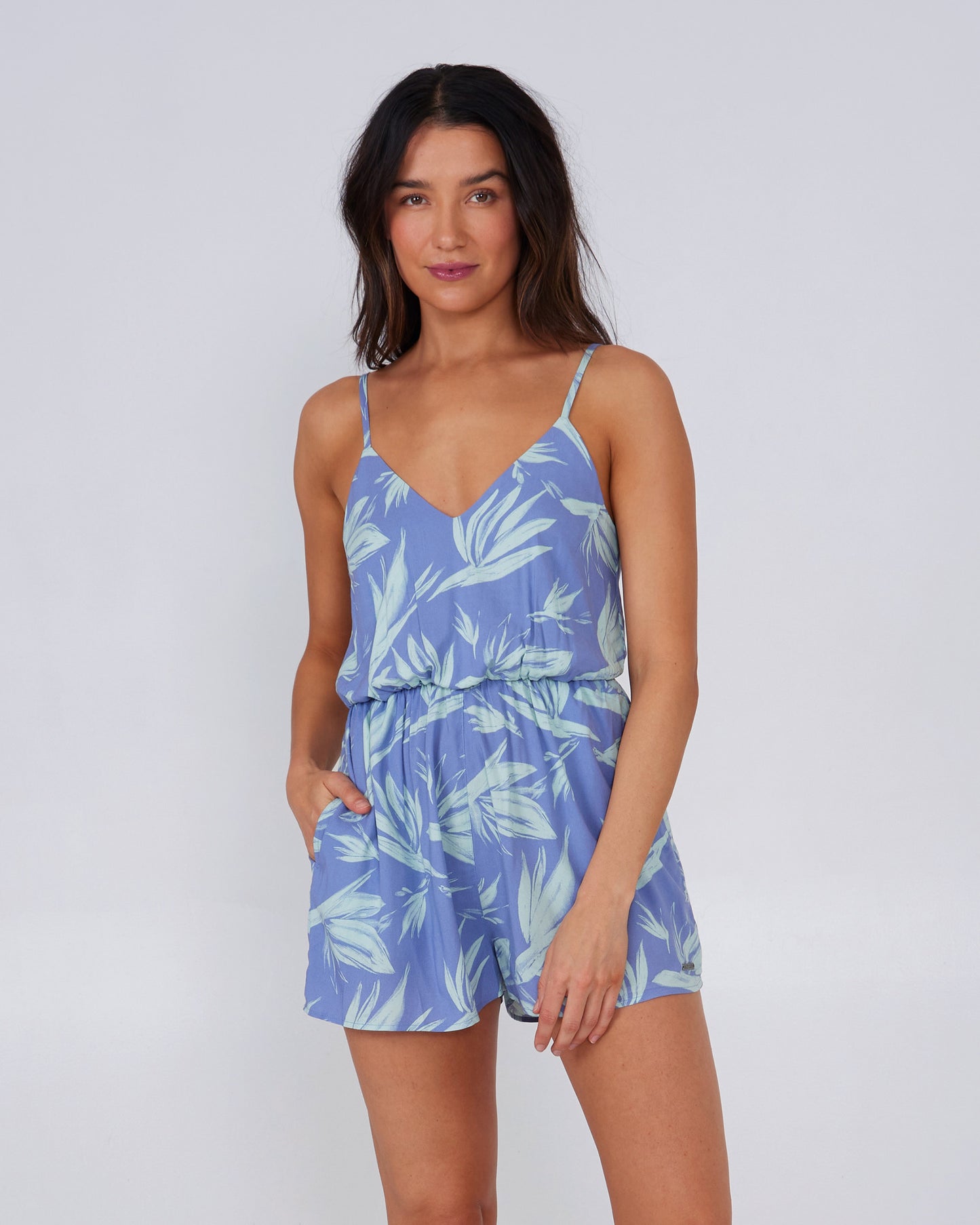 front view of Drifting Blue Dusk Romper