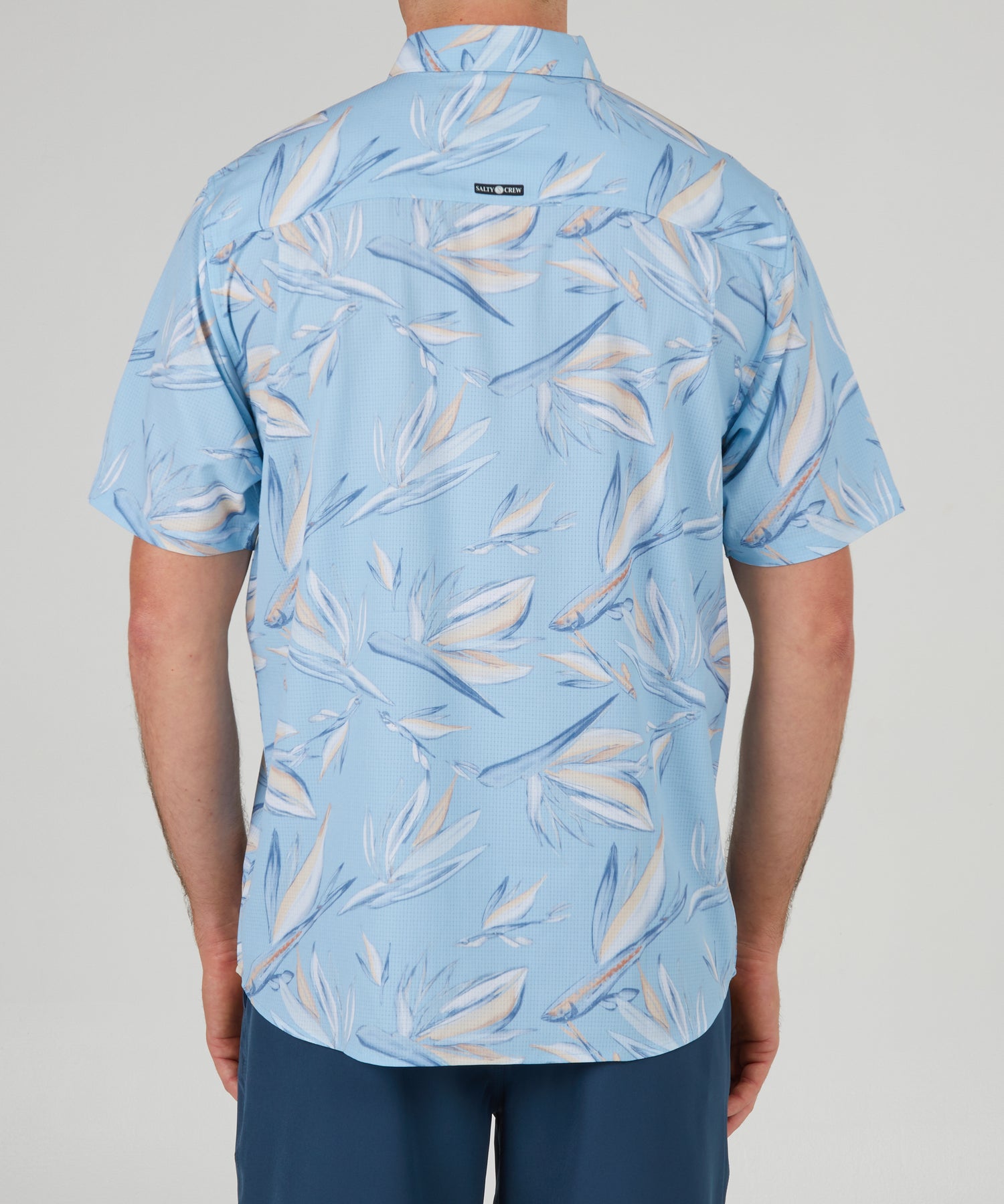 back view of Floral Flyer Blue S/S Tech Woven