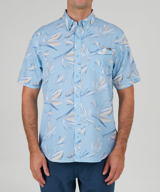 front view of Floral Flyer Blue S/S Tech Woven
