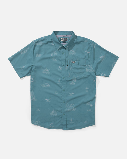 Front view of the Helmsman UV Button Up - Hydro. 