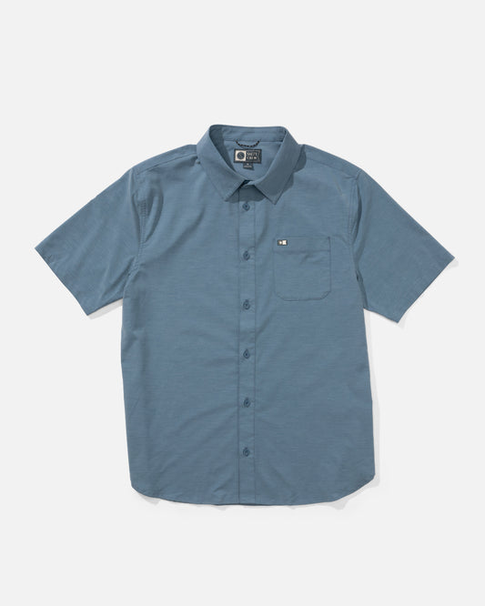 Front view of the Drifter UV Button Up - Channel Blue. 