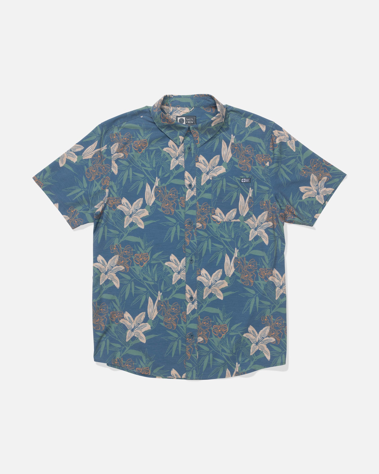 The Salty Crew Drifter UV Button Up in Cast Blue features UPF 50+ sun protection and a stylish floral print.