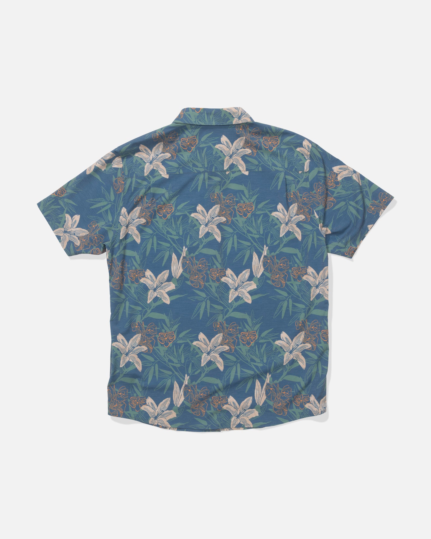 The Salty Crew Drifter UV Button Up in Cast Blue features short sleeves, a floral print with white lilies and green leaves, and quick-dry fabric. Shown laid flat, back side up, against a plain white background.
