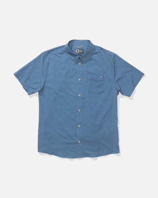 Front view of the Drifter UV Button Up - Mid Blue. 
