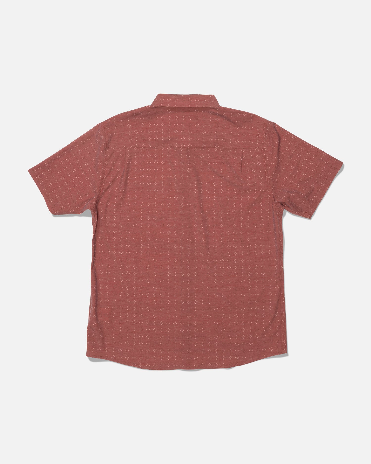The Drifter UV Button Up by Salty Crew is a short-sleeve, button-up shirt in Mid Red with a subtle dotted pattern and UPF 50+ sun protection, shown from the back against a plain white background.