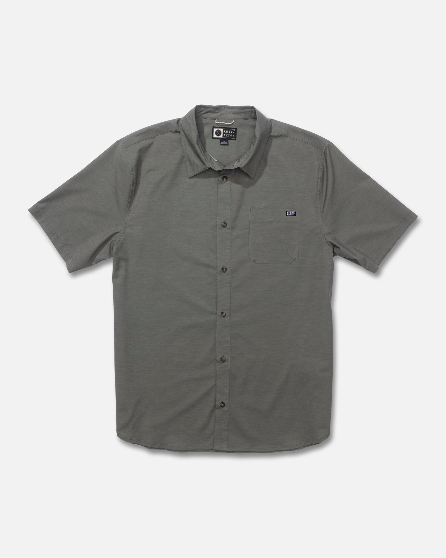 Front view of the Drifter UV Button Up - Olive. 