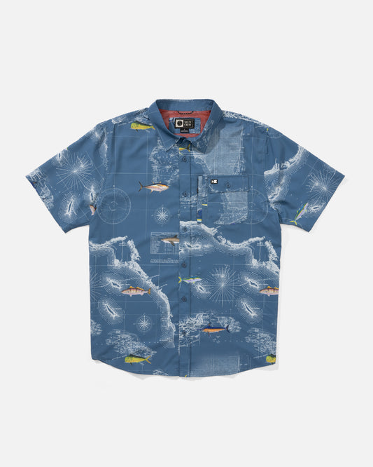 Front view of the Flagship UV Button Up - Channel Blue. 