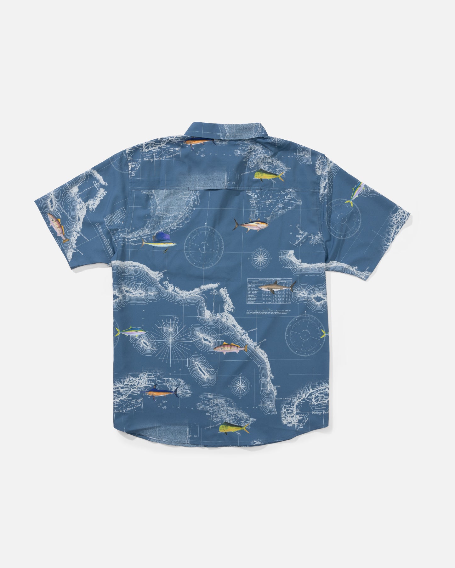Back view of the Flagship UV Button Up - Channel Blue. 