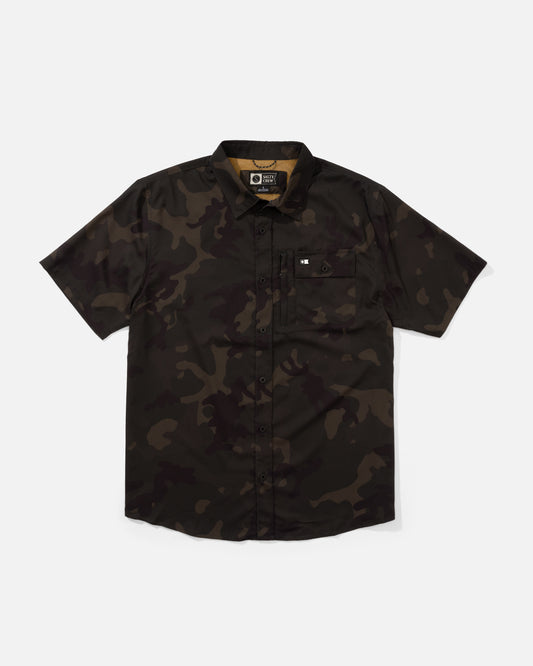 Front view of the Flagship UV Button Up - Dark Camo. 