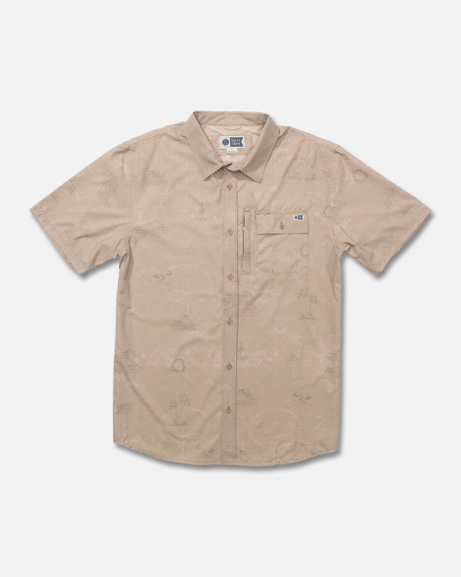 Front view of the Flagship Uv Button Up - Khaki.