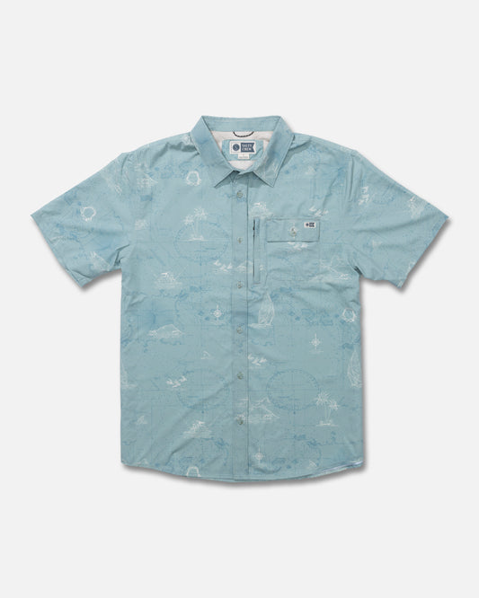 Front view of the Flagship Uv Button Up - Marine. 