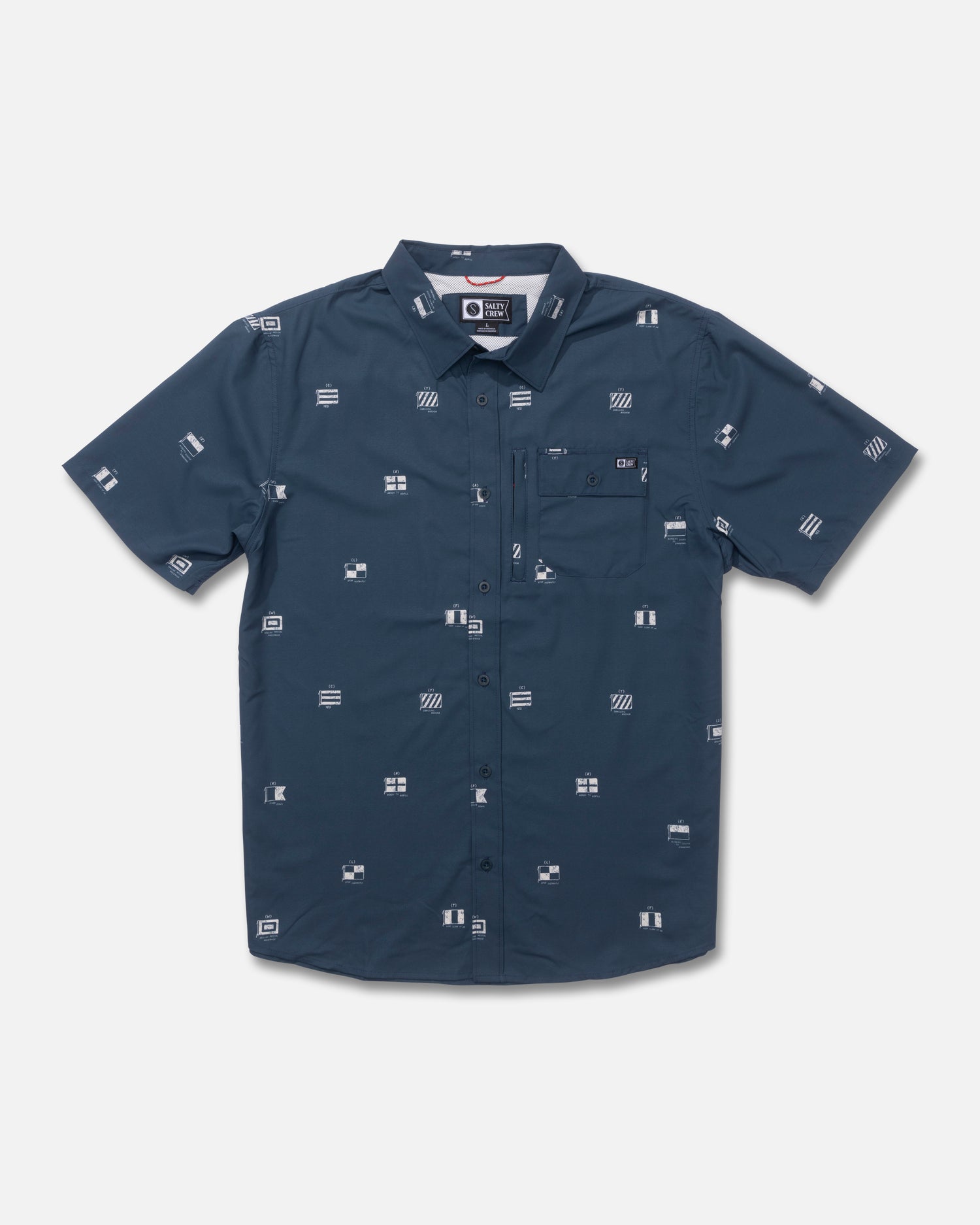 Front view of the Flagship Uv Button Up - Midnight Navy. 