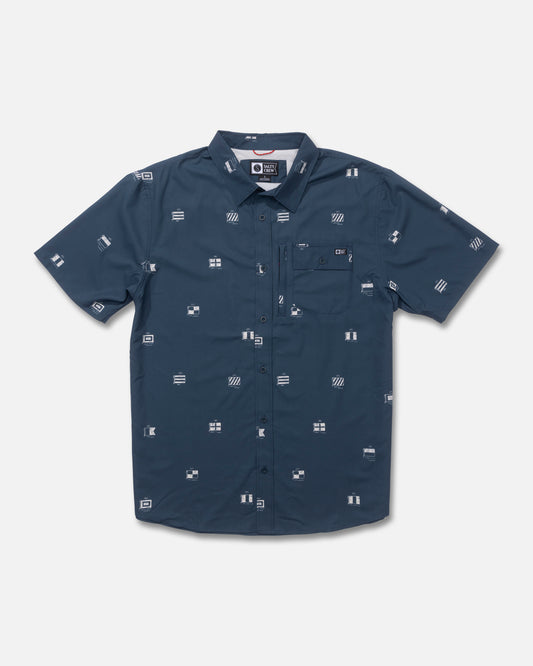 Front view of the Flagship Uv Button Up - Midnight Navy. 