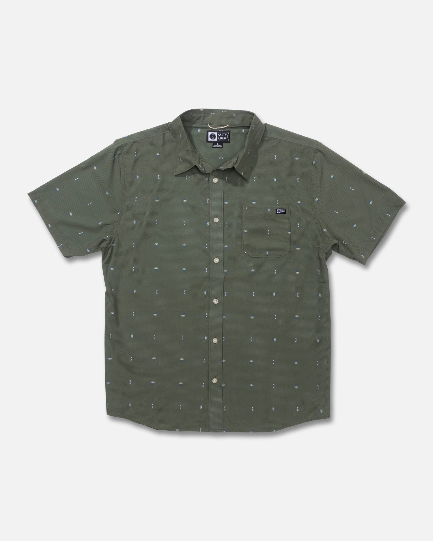 Front view of the Breezer Perforated Button Up - Four Leaf Clover