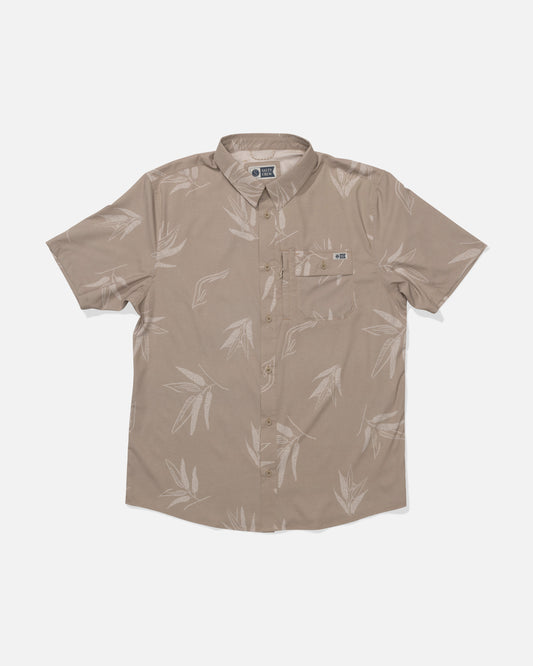 Front view of the Flagship UV Button Up - Dark Khaki. 