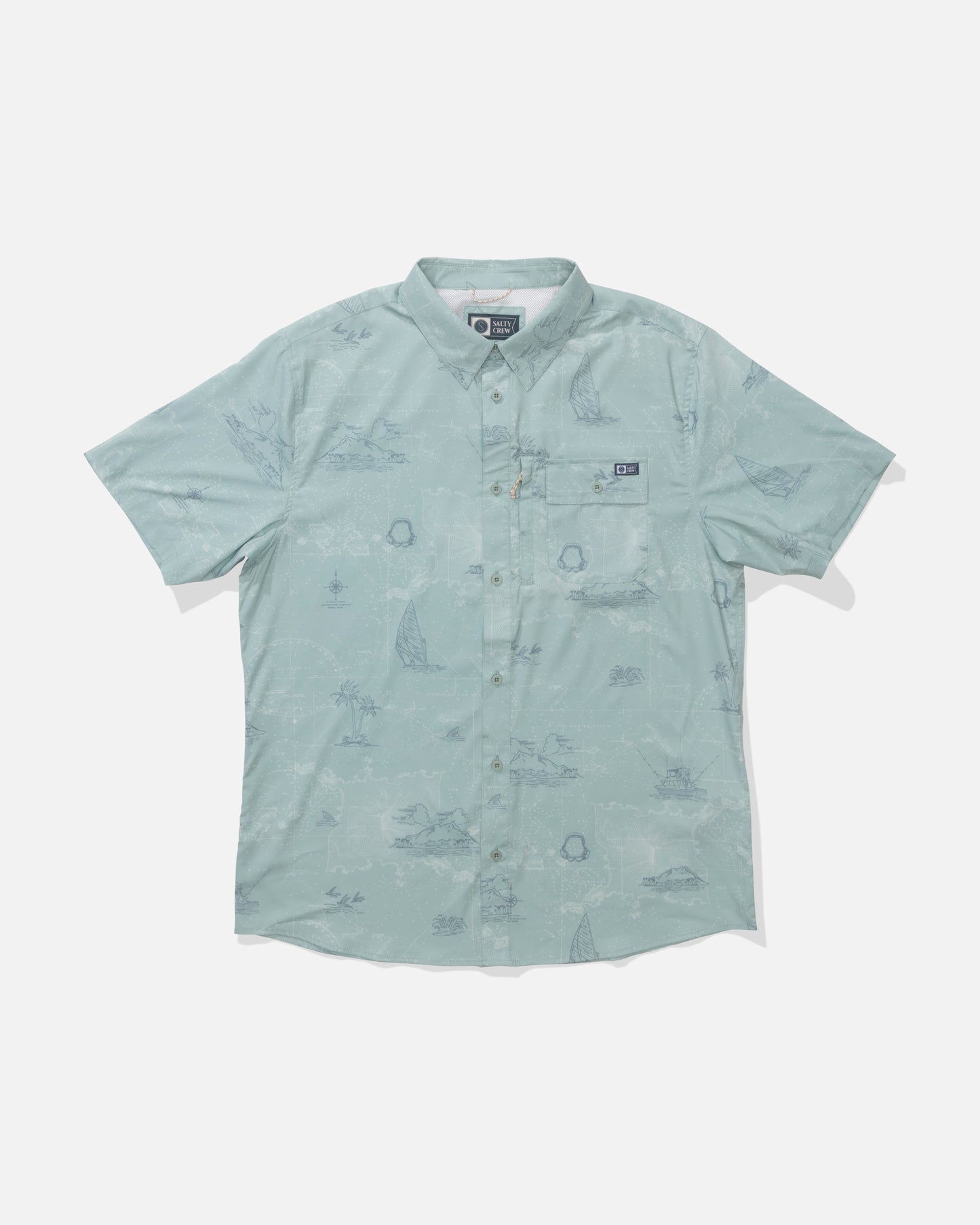 Front view of the Flagship UV Button Up - Jade. 