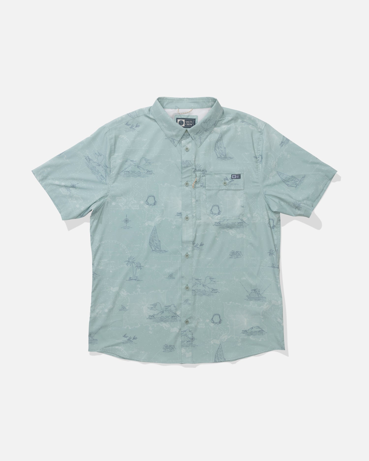 Front view of the Flagship UV Button Up - Jade. 