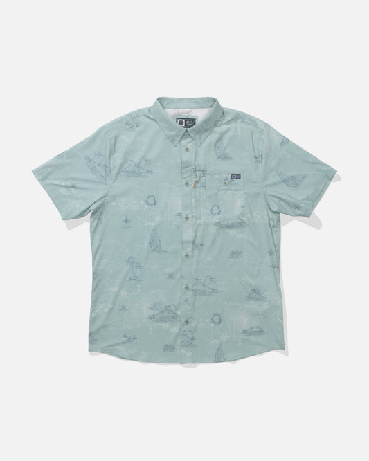 Front view of the Flagship UV Button Up - Jade. 