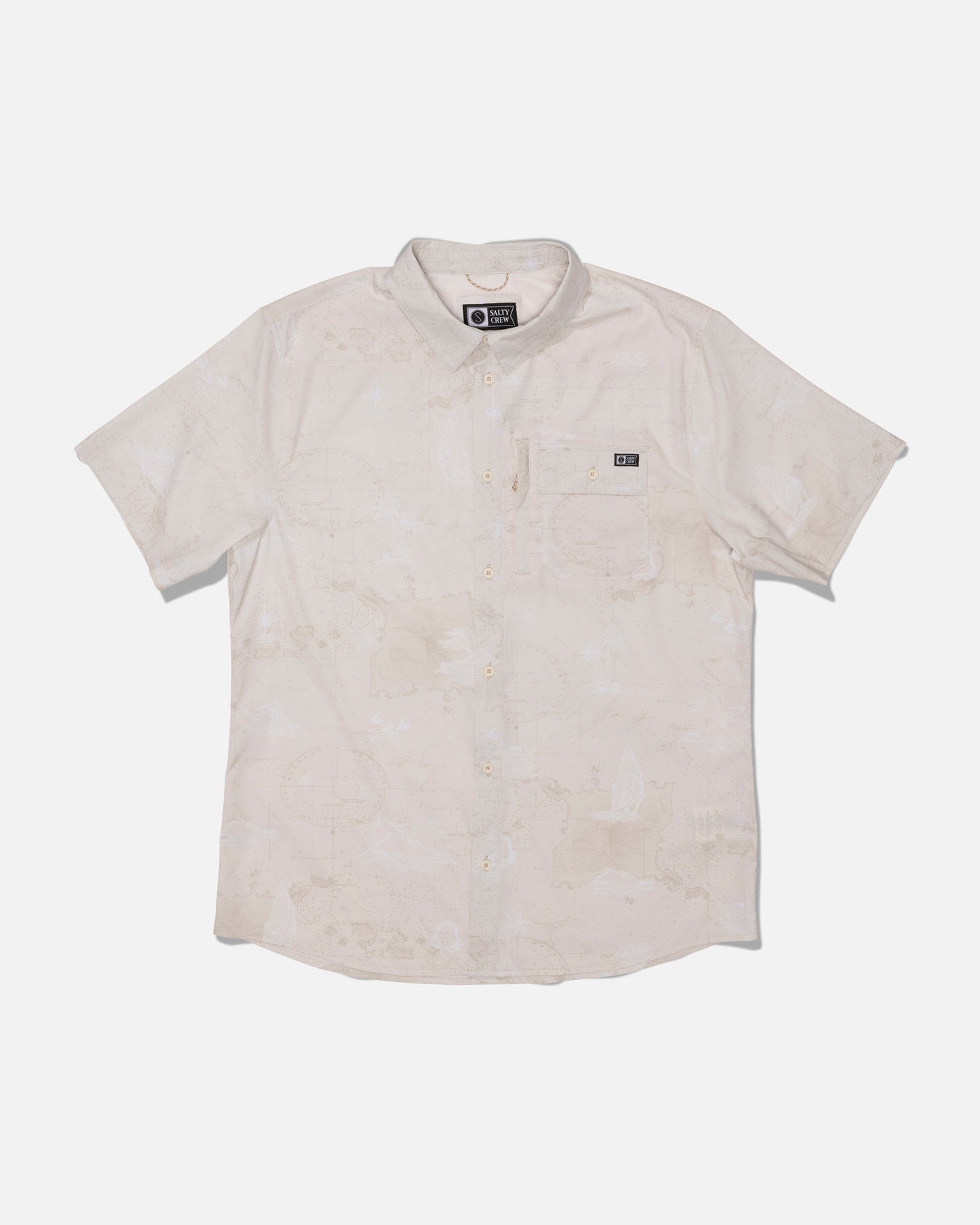 The Salty Crew Flagship UV Button Up in Off White is a short-sleeve shirt featuring a subtle pattern, front chest pocket with a small black label, and moisture-wicking properties to keep you cool and dry. Designed for comfort and functionality, this button-up is laid flat on a white background.
