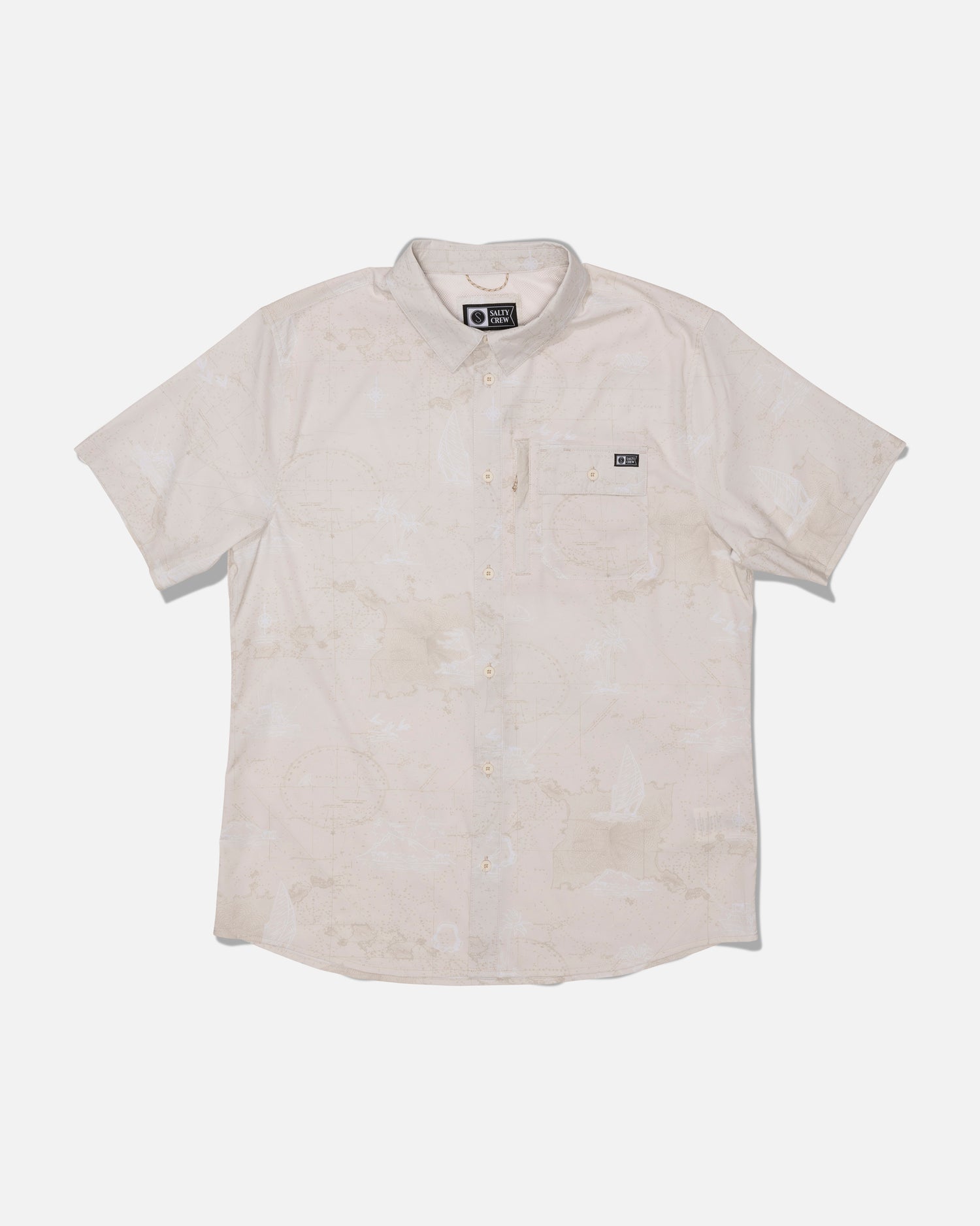 The Salty Crew Flagship UV Button Up in Off White is a short-sleeve shirt featuring a subtle pattern, front chest pocket with a small black label, and moisture-wicking properties to keep you cool and dry. Designed for comfort and functionality, this button-up is laid flat on a white background.