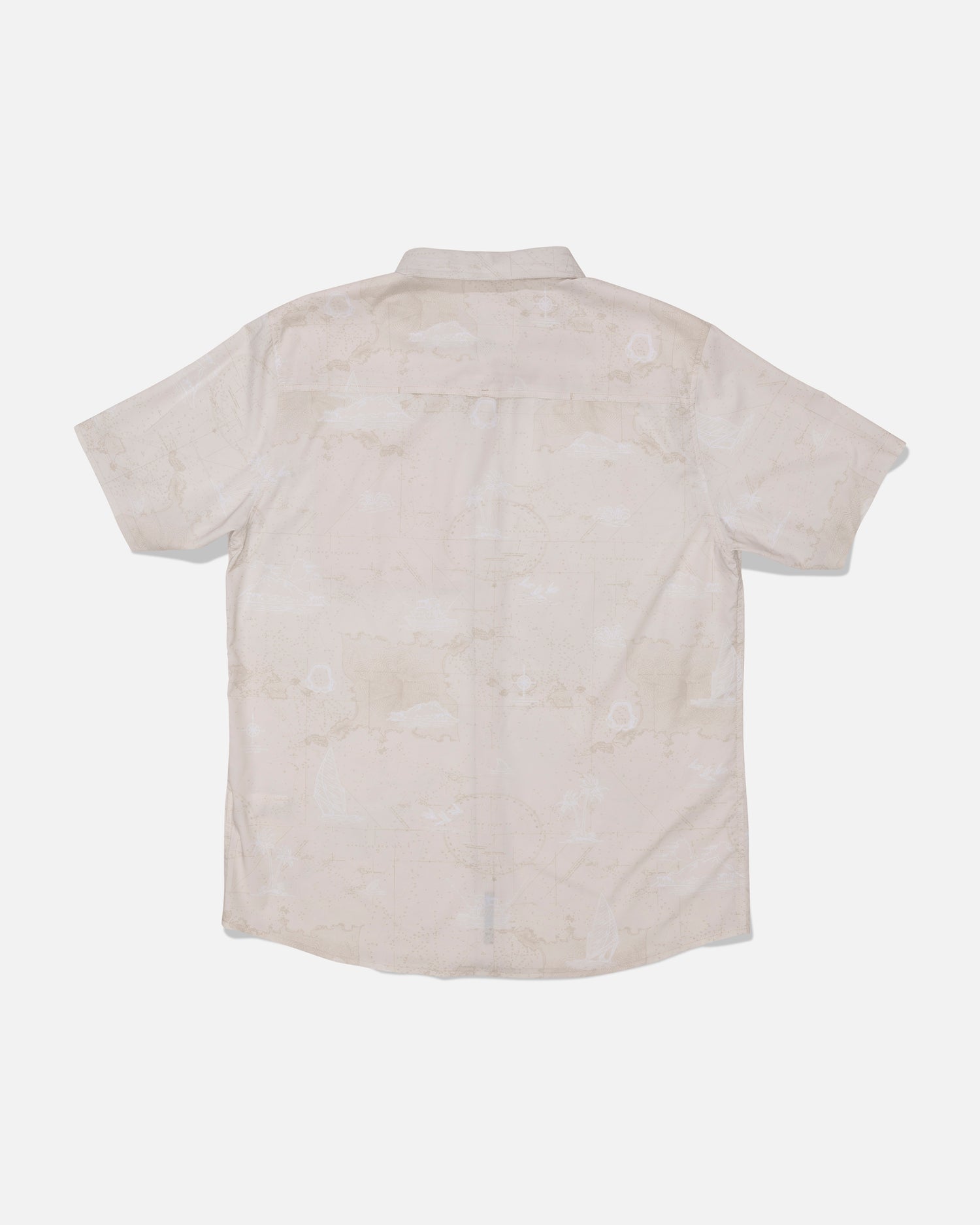 The Salty Crew Flagship UV Button Up in Off White is a short-sleeve, light-colored shirt displayed flat with the back facing up. It features a collar, straight hem, and a subtle, barely visible pattern. Engineered for all-day comfort in any climate, this button-up offers quick-dry performance and UPF 50+ sun protection.
