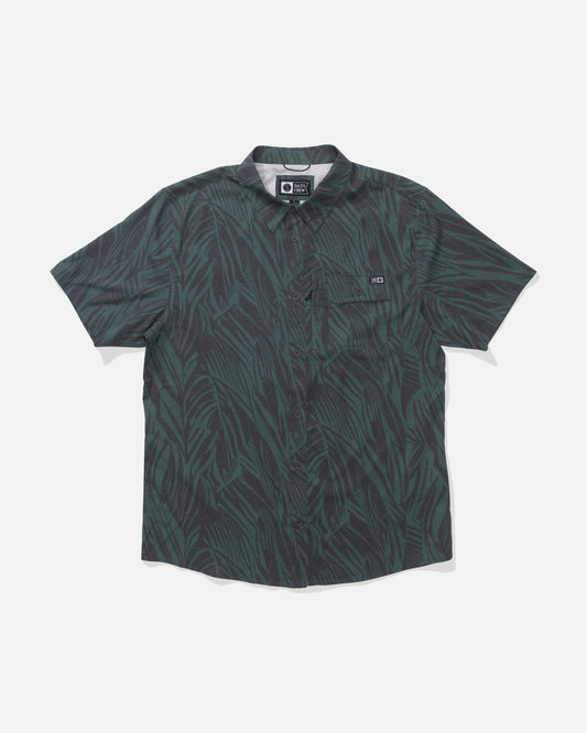 Front view of the Flagship UV Button Up - Washed Green. 