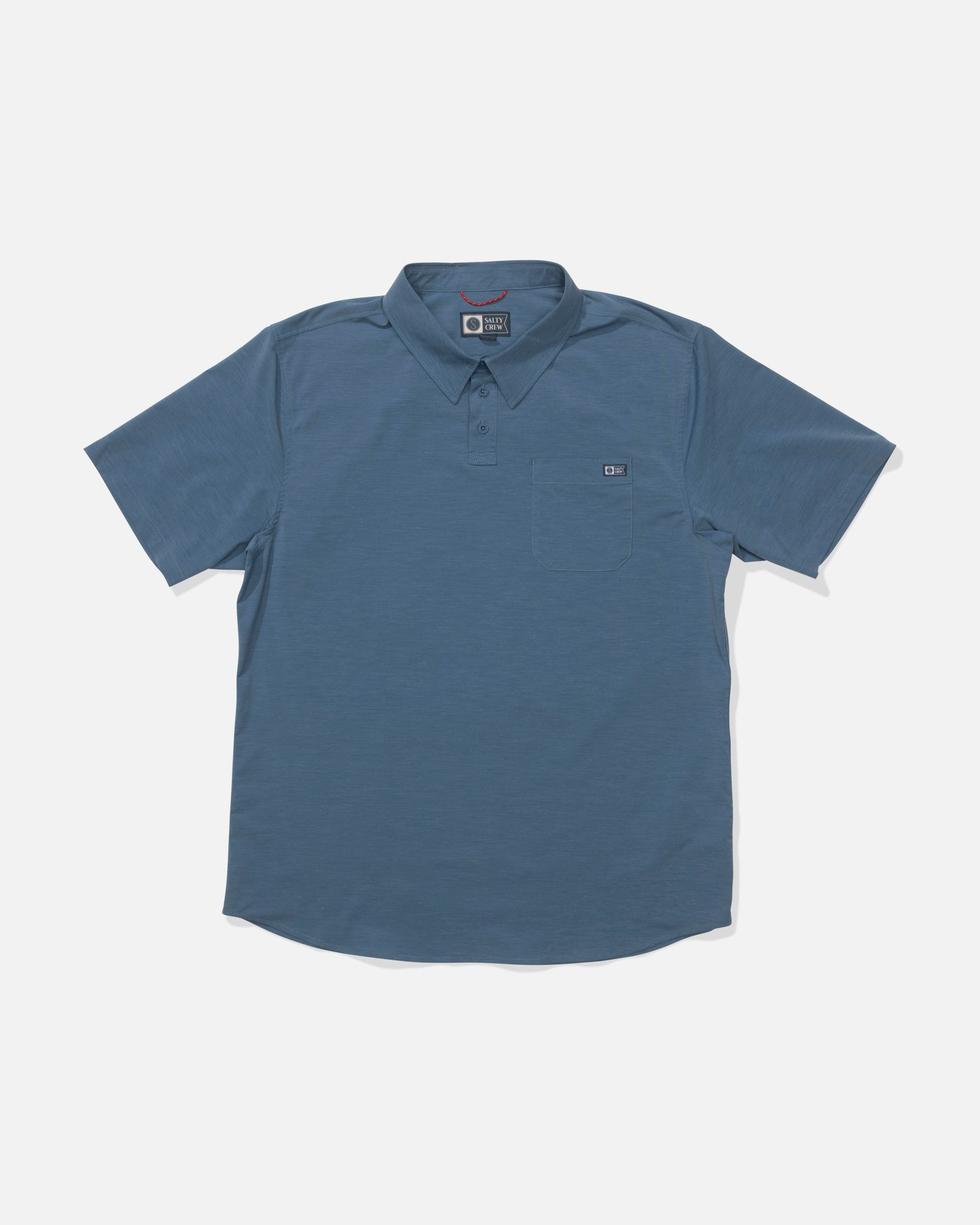 The Salty Crew Drifter UV Polo in Channel Blue features short sleeves, a collar, front buttons, a small chest pocket, and quick-dry fabric, shown laid flat on a plain white background.
