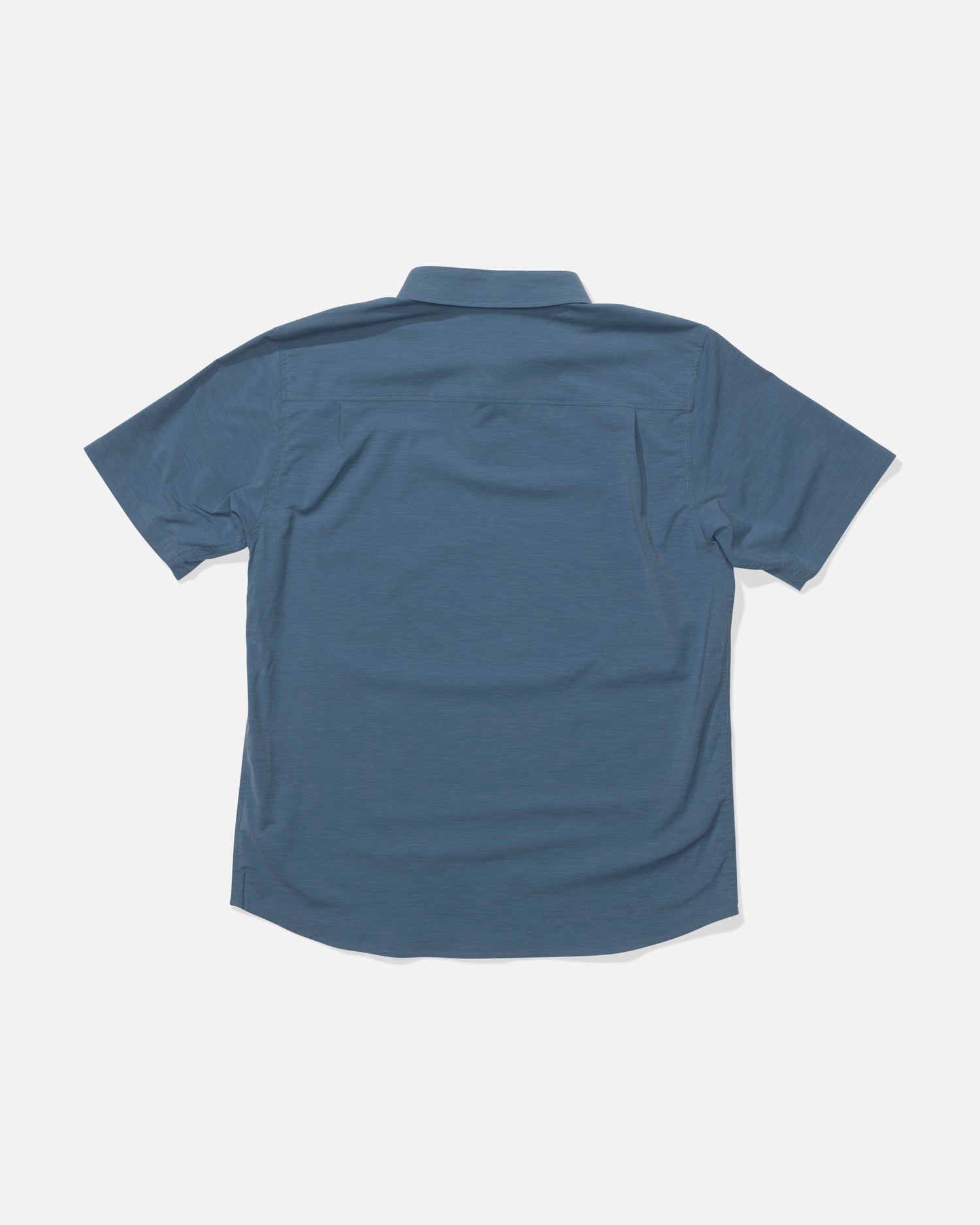 The Salty Crew Drifter UV Polo in Channel Blue is shown laid flat with the back facing up, featuring a straight yoke, relaxed fit, and UPF 50+ sun protection for comfortable outdoor wear.